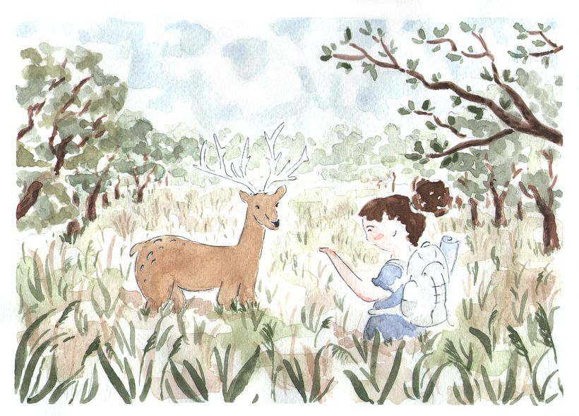 Little hiker meet a deer in forest :)