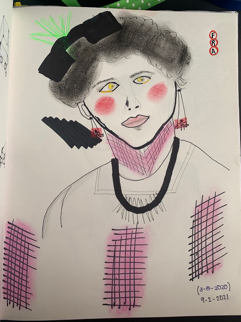 Ah la madre. Un rostro que realicé durante la pandemia y que intervine en este curso con crayones, yeso pastel y plumones.
