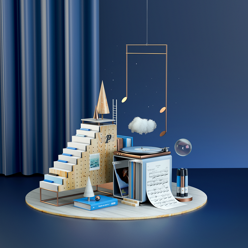 Agregamos colores y texturas de acuerdo a nuestro Moodboard y así, obtenemos nuestras ilustraciones 3D.