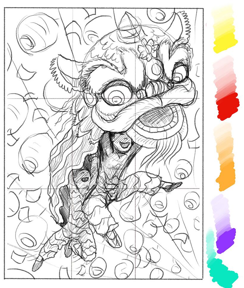 Step 2: my chosen thumbnail, redrawn as a better pencil sketch, colour palette choice too