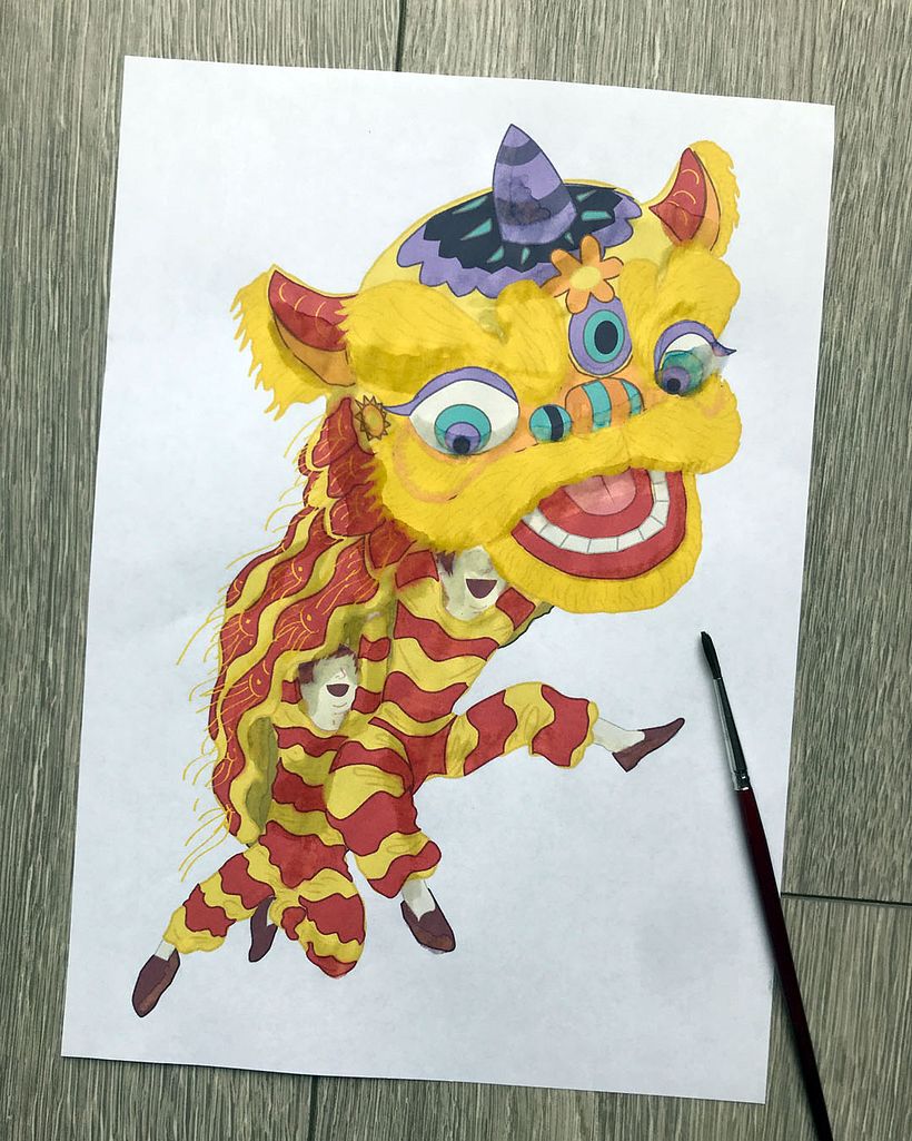Step 5: painting chinese tea wash over an inkjet printout of my vector art, I like the way it causes ink to bleed
