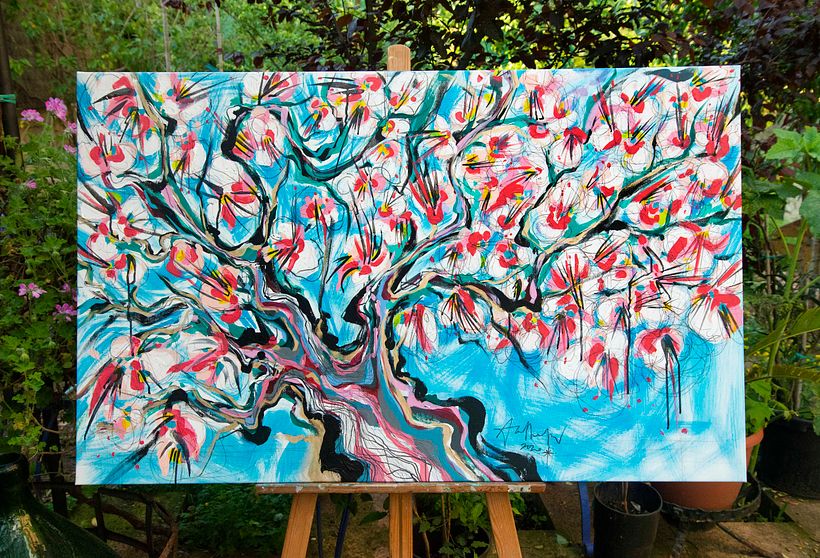 "Almendro en flor"  - Técnica mixta: Pintura acrílica, sprays, tintas, rotuladores y lápices... Año 2020