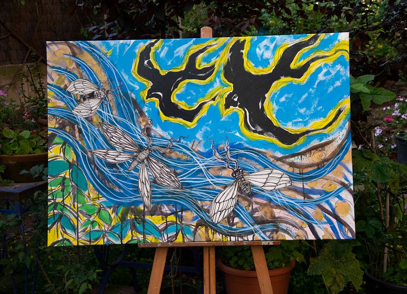 "Caminos en el cielo"  - Técnica mixta: Pintura acrílica, sprays, tintas, rotuladores y lápices... Año 2020 