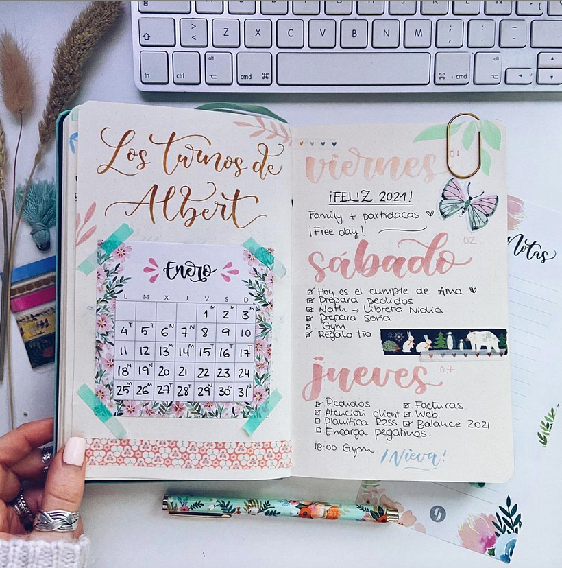 Combine lettering, watercolors, and collage in your bullet journal.