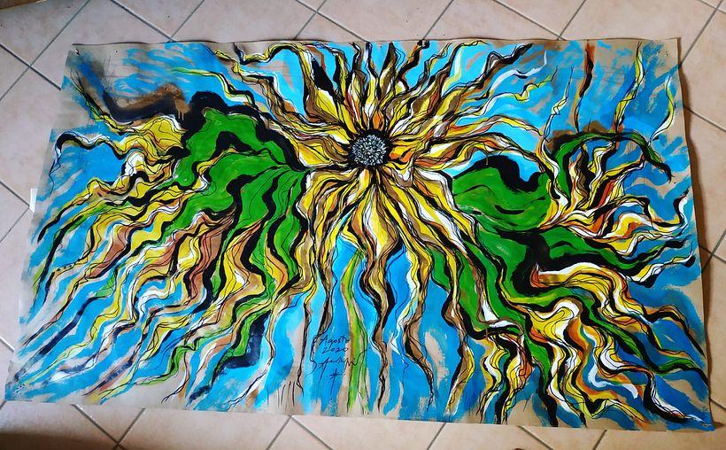 "Girasoles de Agosto" - Técnica mixta: Pintura acrílica, sprays, tintas, rotuladores y lápices... Año 2020