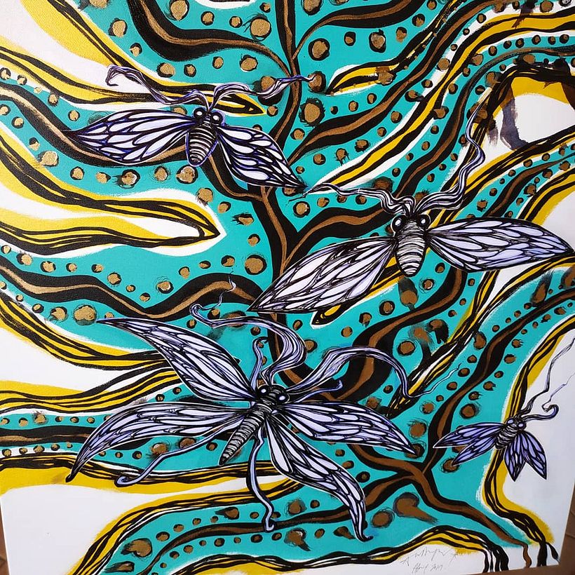 "Insectos sobre helecho" -"Girasol de Agosto" - Técnica mixta: Pintura acrílica, sprays, tintas, rotuladores y lápices. 2019