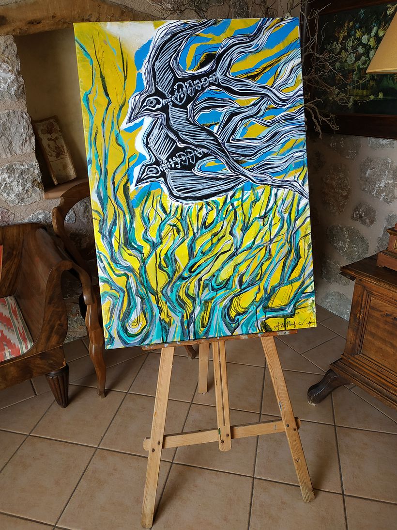 "Golondrinas sobre cielo de estacas" - Técnica mixta: Pintura acrílica, sprays, tintas, rotuladores y lápices... Año 2018