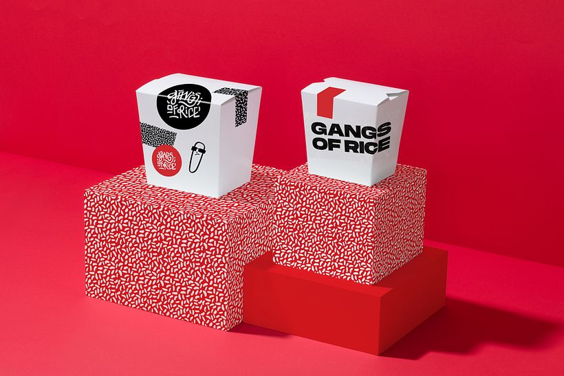 A paleta de cores intensas da Gangs of Rice, marca de comida chinesa em Madri