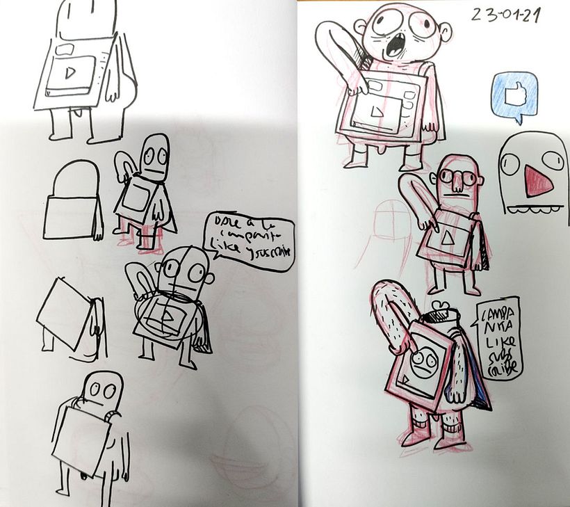 Los bocetos del personaje antes de volcarlo a la animación.