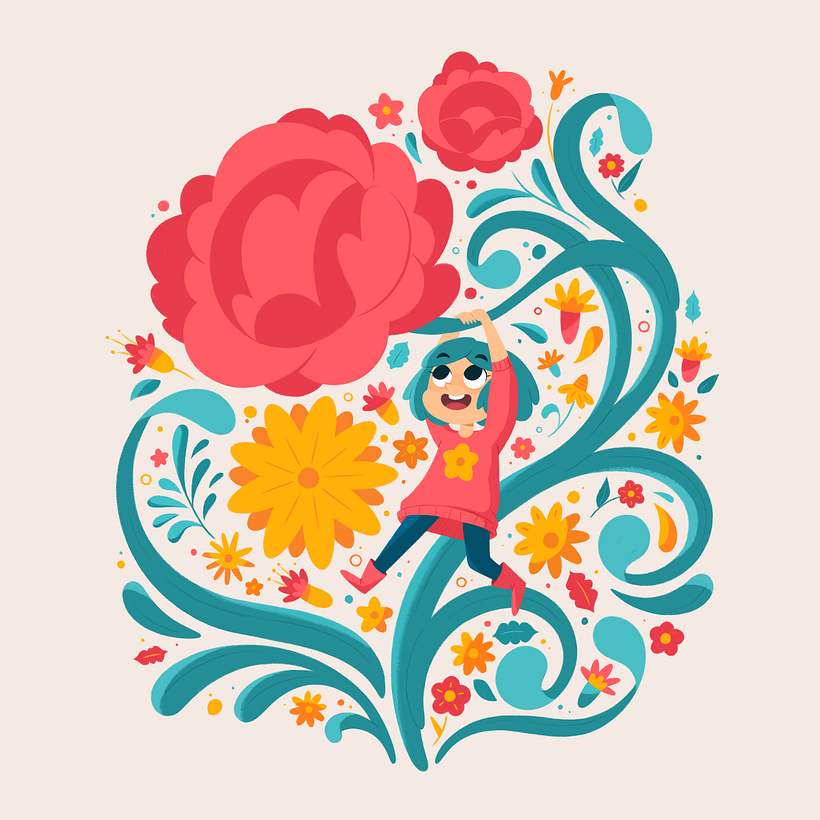 Illustrated character with botanical elements 1
