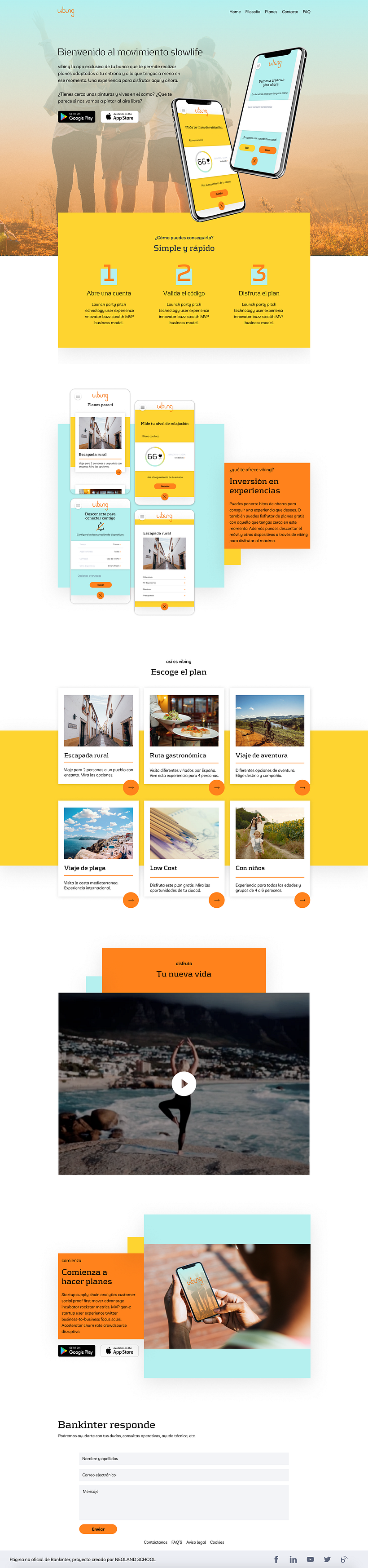 Landing page en la que se explica cómo puedes conseguir la app y disfrutar de los planes personalizados.
