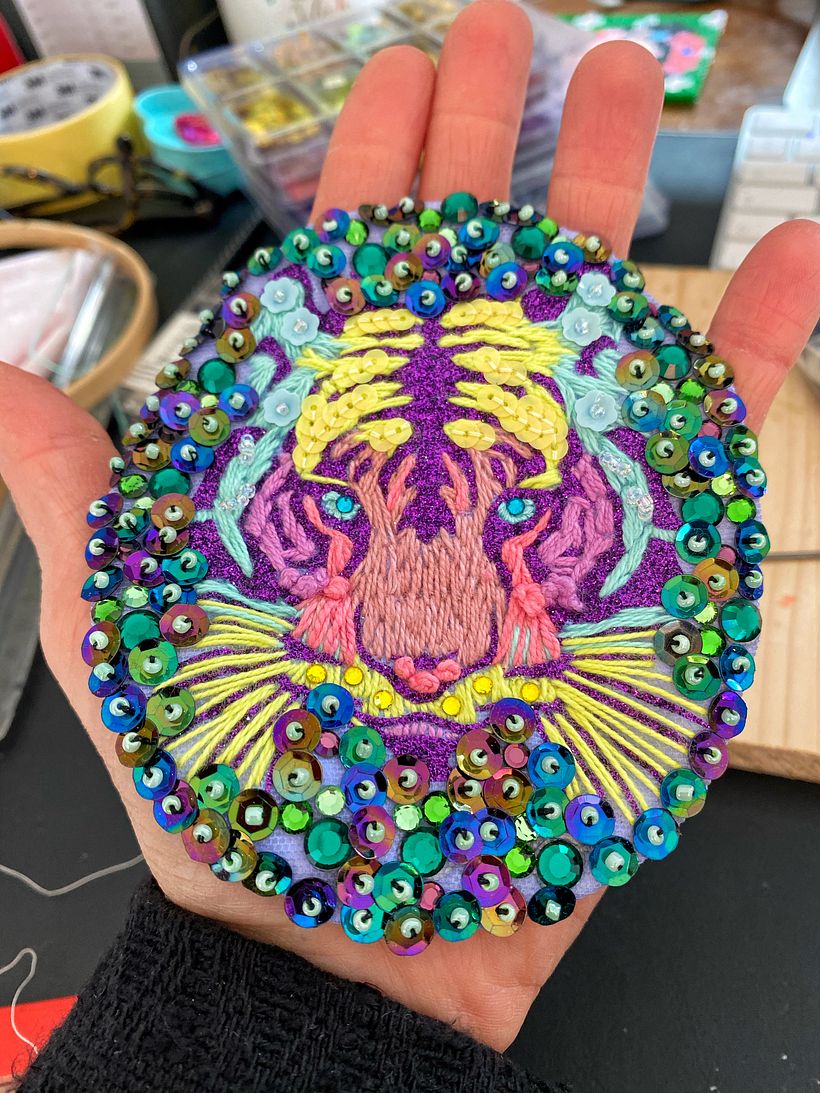 My project in Fashion Design - Painting and Embroidering Garments course - Tiger patch on tulle: creative embroidery, glitter insert and Swarovski Crystals 0