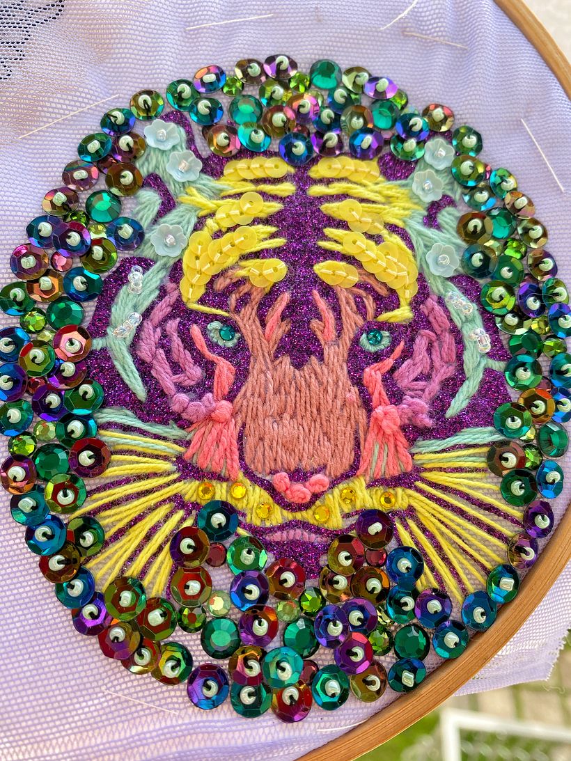 My project in Fashion Design - Painting and Embroidering Garments course - Tiger patch on tulle: creative embroidery, glitter insert and Swarovski Crystals 1