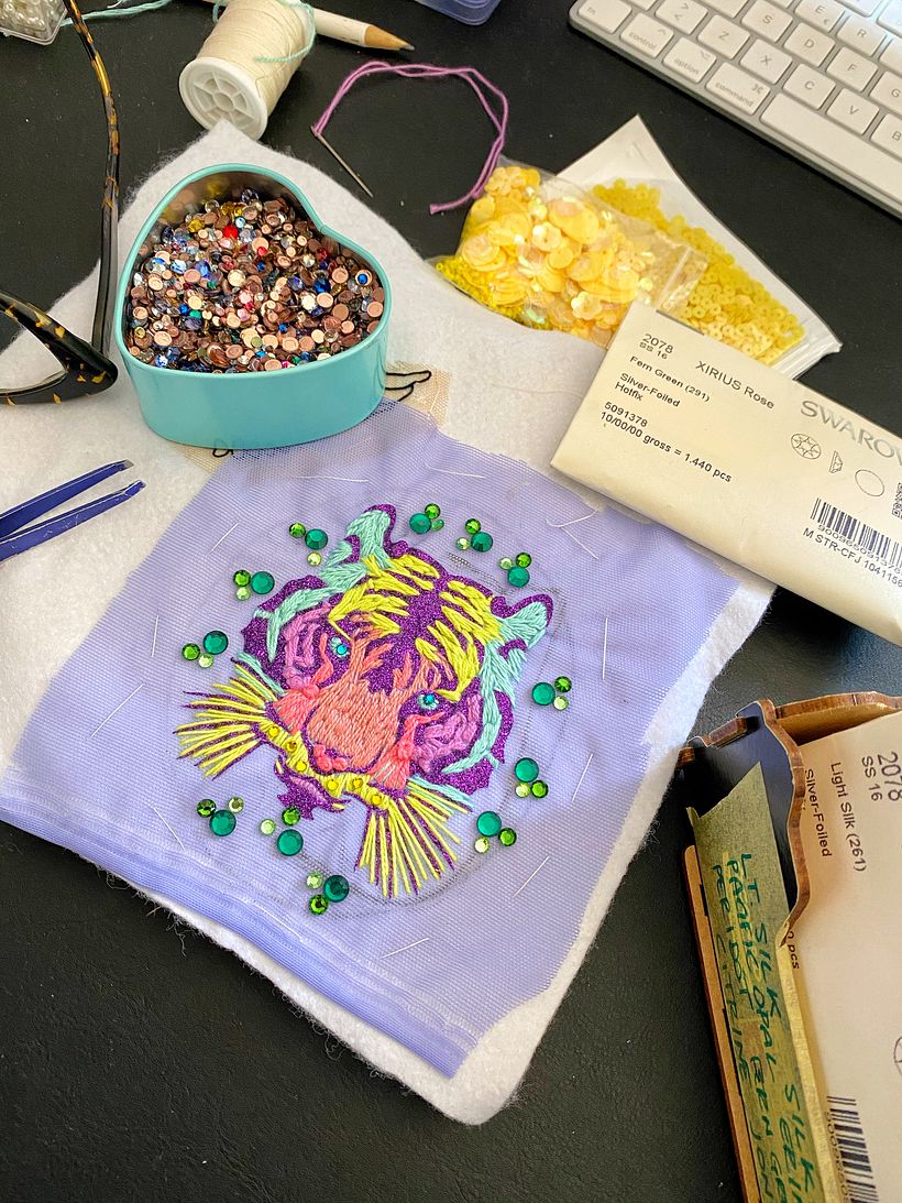 My project in Fashion Design - Painting and Embroidering Garments course - Tiger patch on tulle: creative embroidery, glitter insert and Swarovski Crystals 2