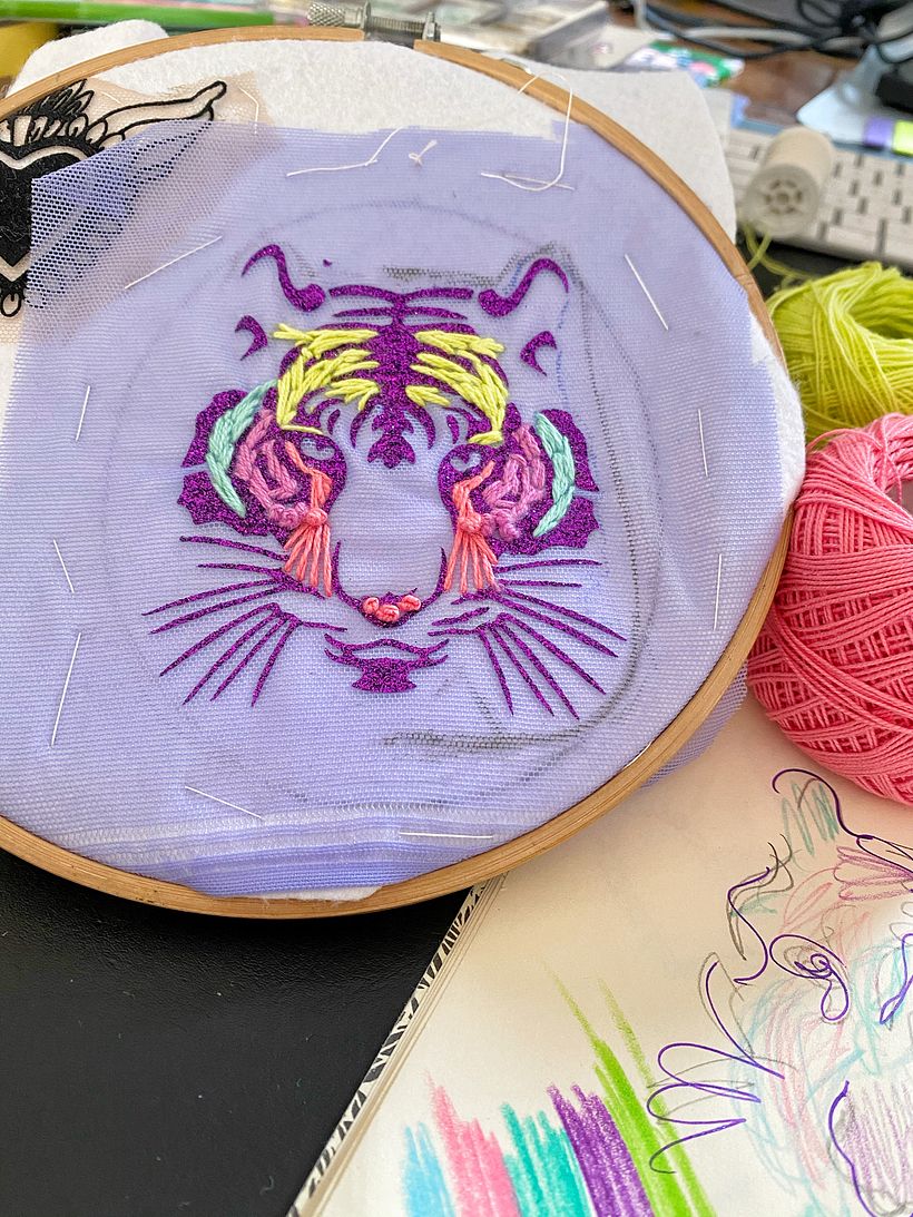 My project in Fashion Design - Painting and Embroidering Garments course - Tiger patch on tulle: creative embroidery, glitter insert and Swarovski Crystals 3