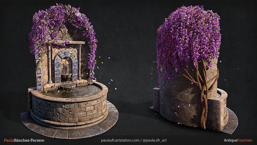 La fuente antigua en primavera.