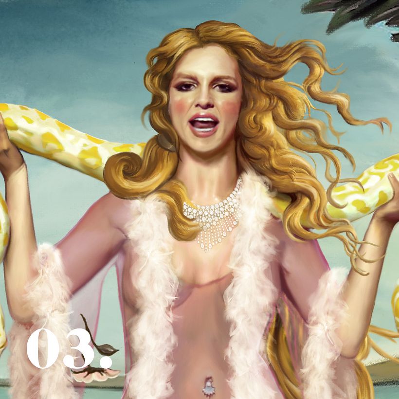 3. Britney —En su momento más sexy bailando con una boa, pero vestida en el outfit que usó en el video de Lucky, una canción 