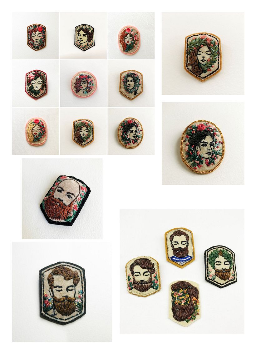 Embroidered mini portrait brooches