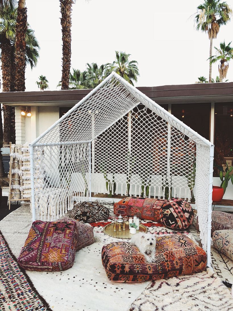 Macramé tent set up at Emily's Book Launch in Palm Springs