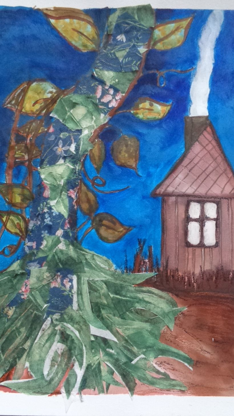 Illustration 1: A giant beanstalk grows overnight from the beans Jack's mother threw out of the window