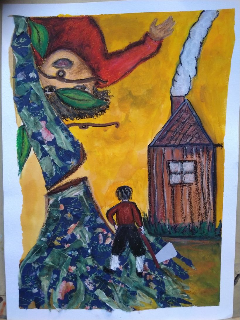 Illustration 4:  Jack swings the axe, cutting the bottom of the beanstalk and the Giant comes tumbling down to his death.