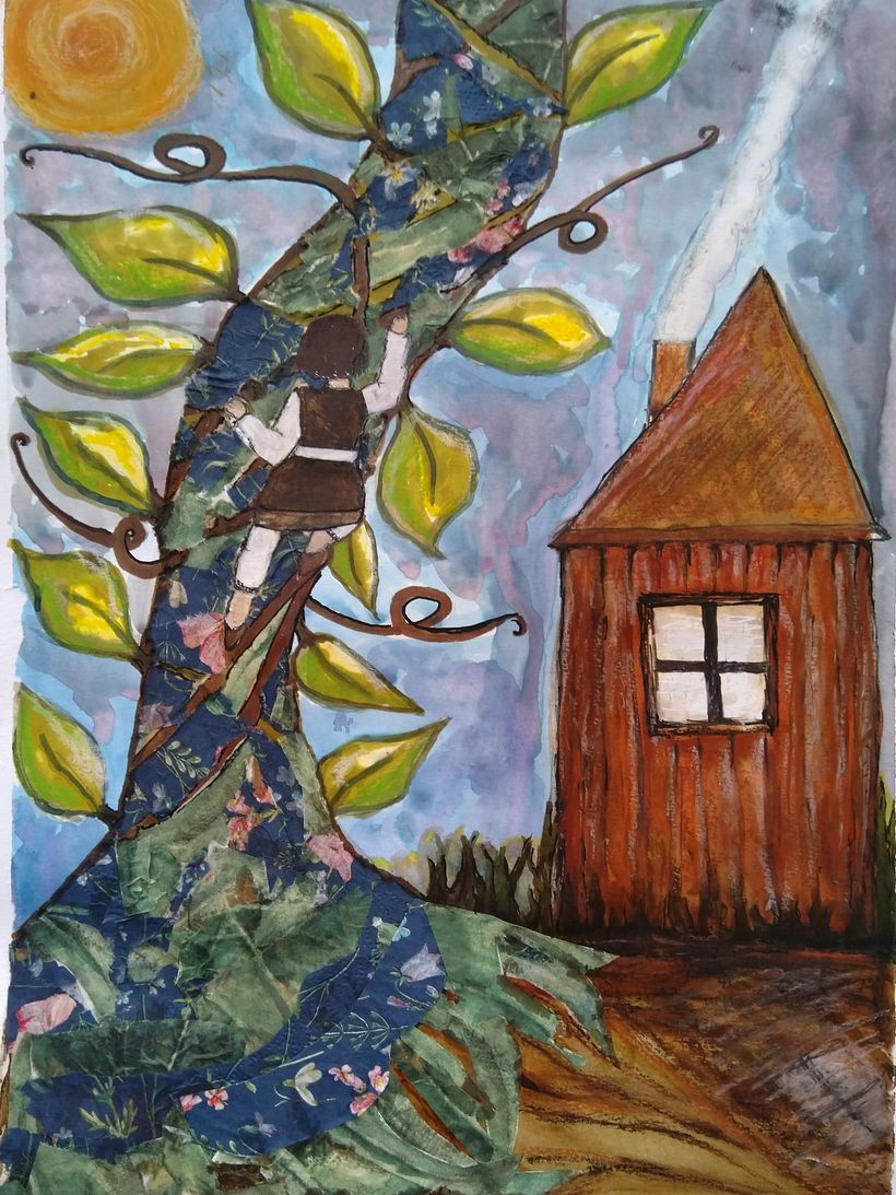 Illustration 3: Bravely, Jack sets off to climb the beanstalk, steadily using the sturdy branches as foot and hand holes.