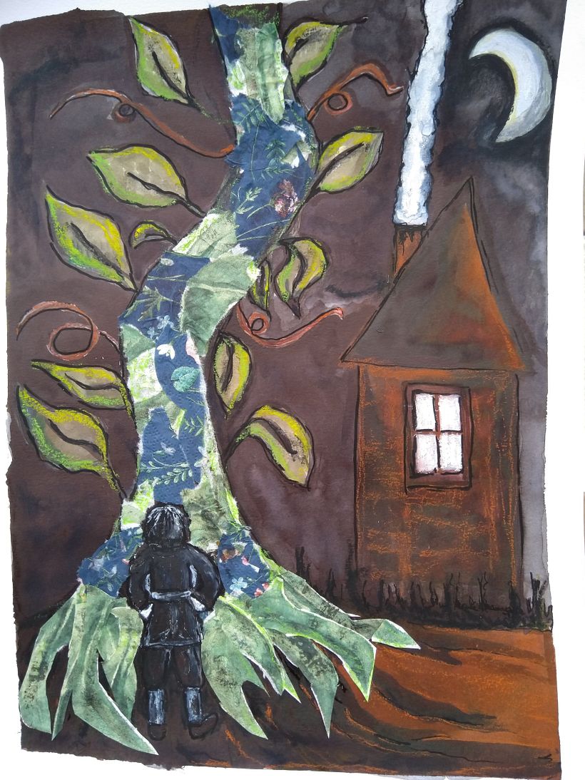 Illustration 2:  The next morning, Jack stands at the foot of the beanstalk contemplating how to climb it.