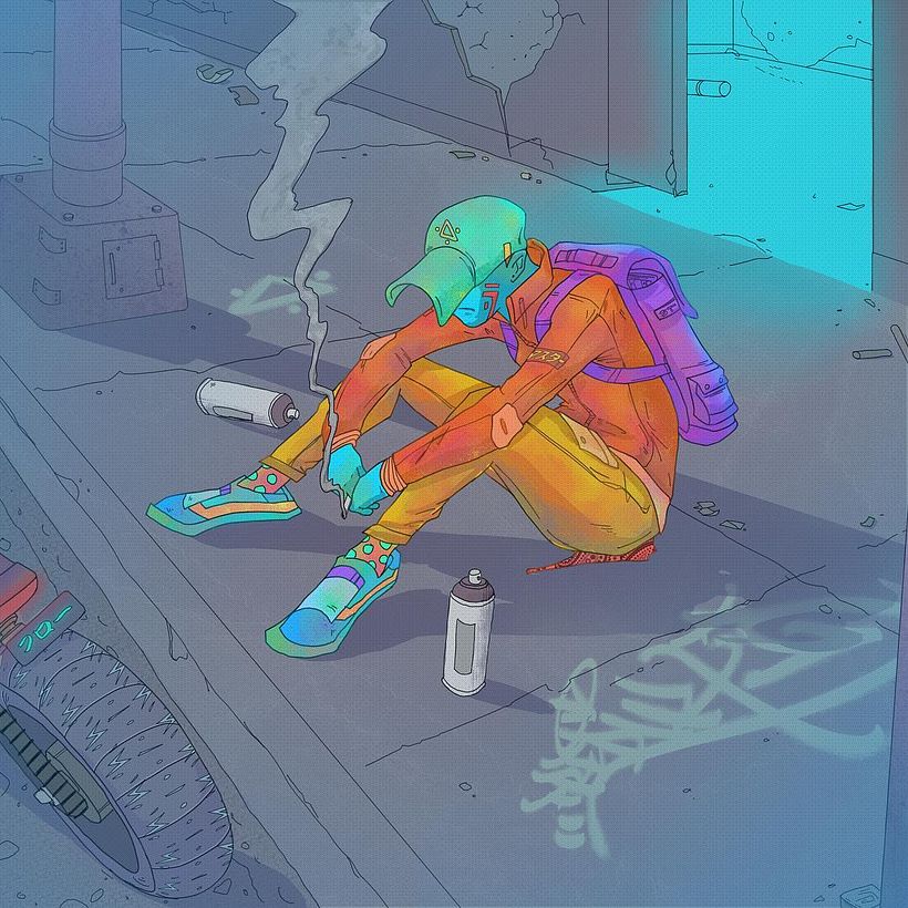Illustration exploring graffiti, motorcycles, and a run down world