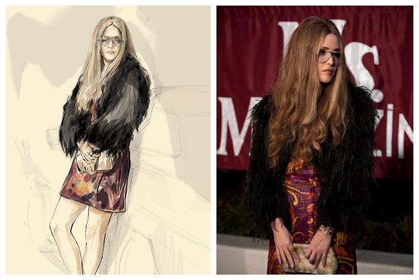 A costume sketch of Rose Byrne playing Gloria Steinem