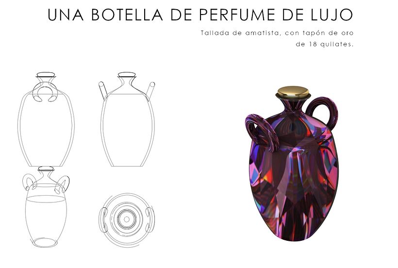 Botella de lujo, junto con su dibujo técnico. Nada de medidas.