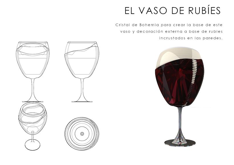 Un vaso lleno de líquido con color bordot, junto con su dibujo técnico. Nada de medidas.