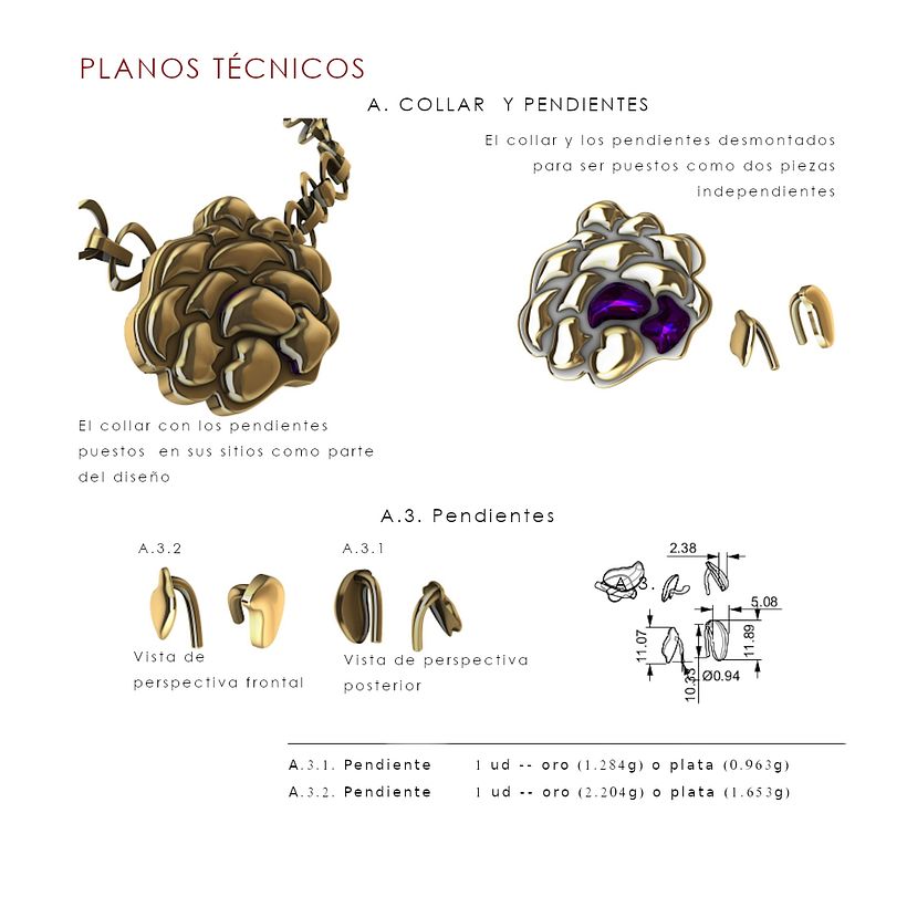 Parte de un proyecto de joyería completo. Una página de los plánes técnicos realizados.