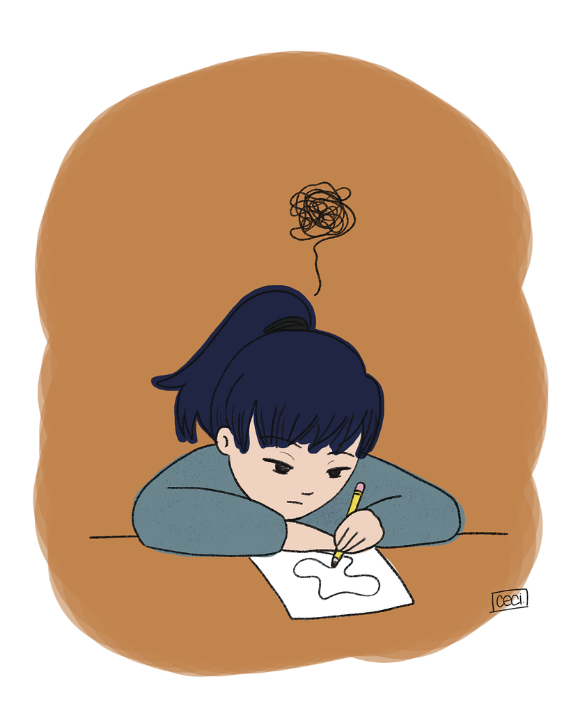 Mini ilustración con Photoshop para expresar como me siento cuando me enrosco y no me sale dibujar.