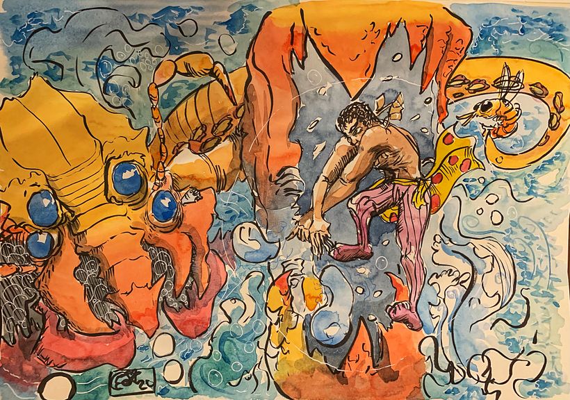 Brushpen and Watercolor of a magical hunter of sea monsters 