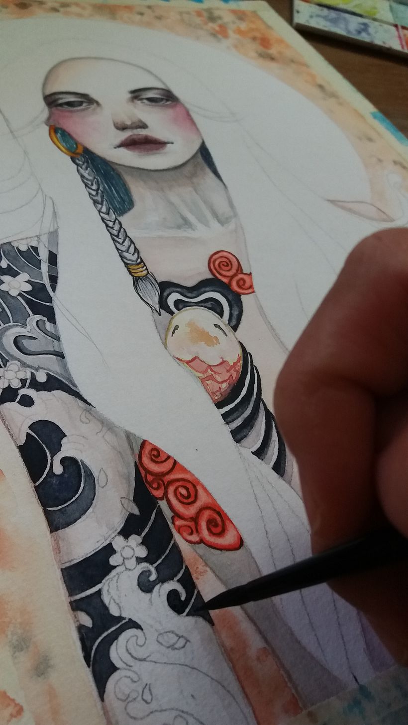 Painting the Japanese Irezumi tattoo on her