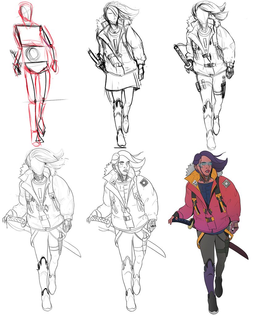 Step by step. Stick figure and simple shapes stage is pretty rough :-(, shame on me xD.