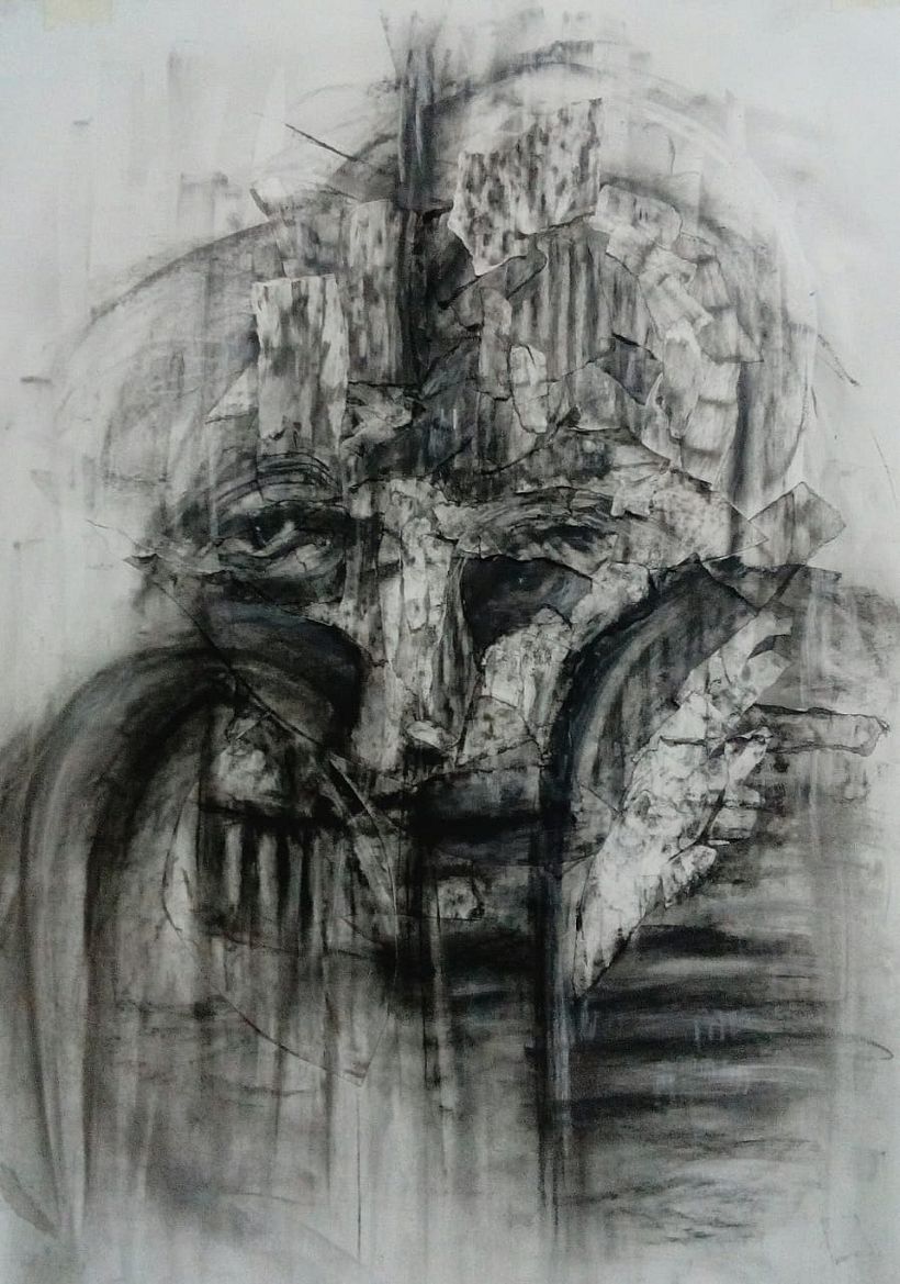 50 x 35 cm Collage,  frottage y carboncillo sobre papel