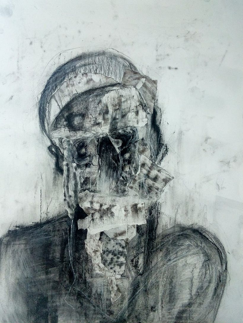 25 x 35 cm Collage,  frottage y carboncillo sobre papel