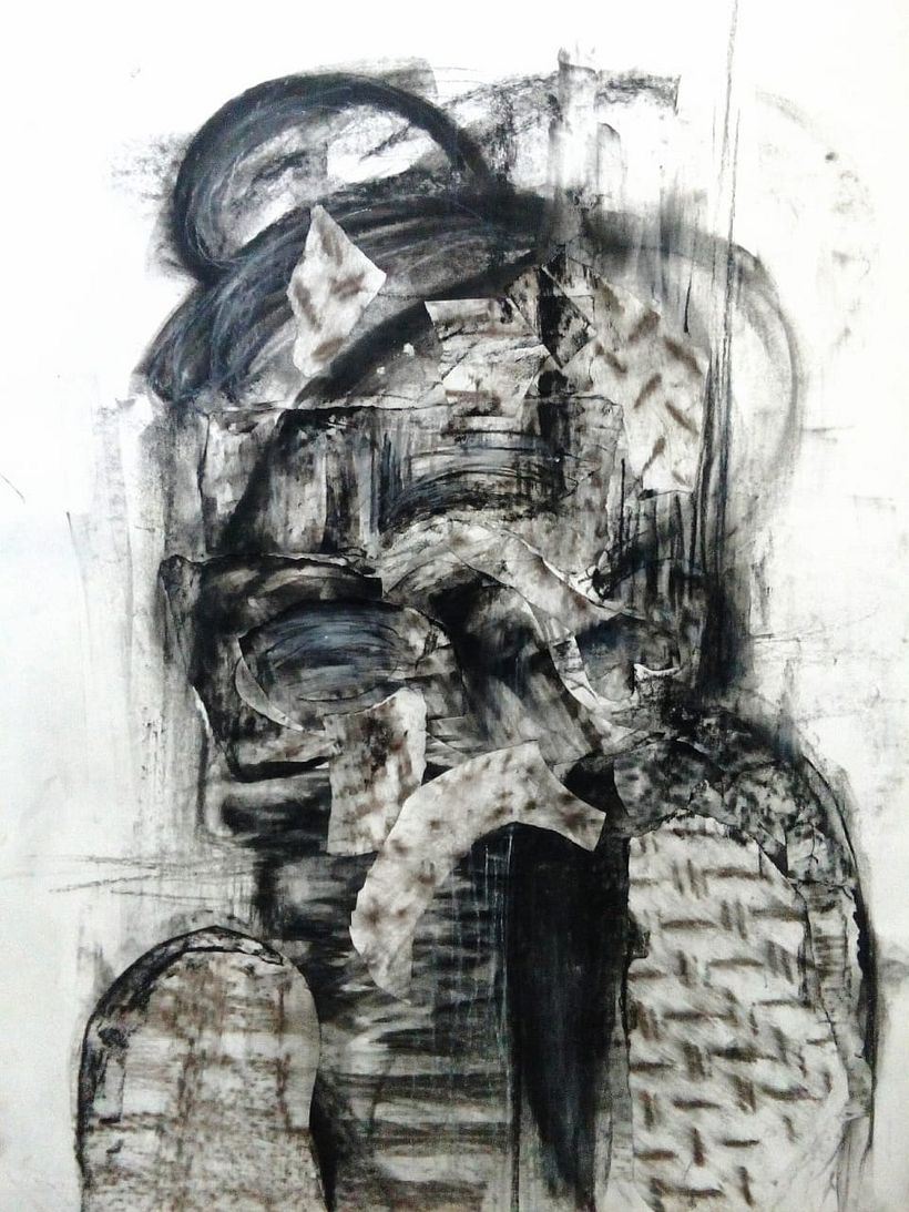 50 x 35 cm Collage,  frottage y carboncillo sobre papel