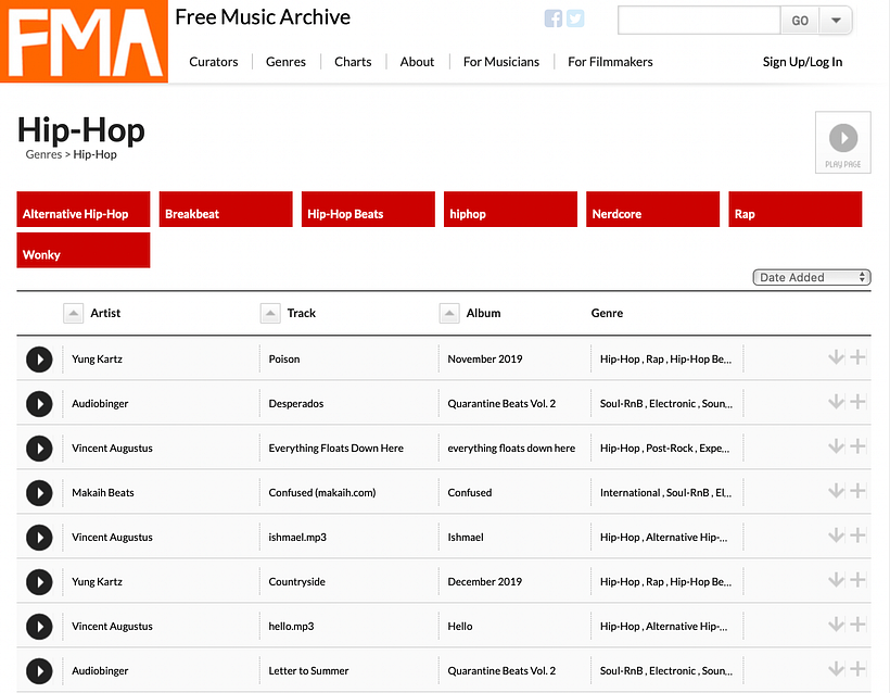Resultados con el filtro de hip-hop en Free Music Archive.