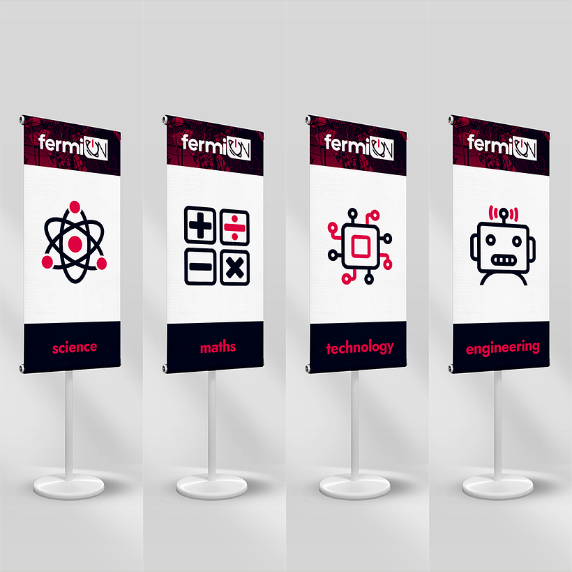 Pequeño mockup de banners con las distintas disciplinas, para señalizar dónde se realiza cada workshop.