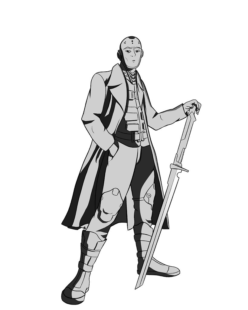 Hard shadows on two different shades of grey (Dark one for the leather jacket and a lighter one for the rest of the character