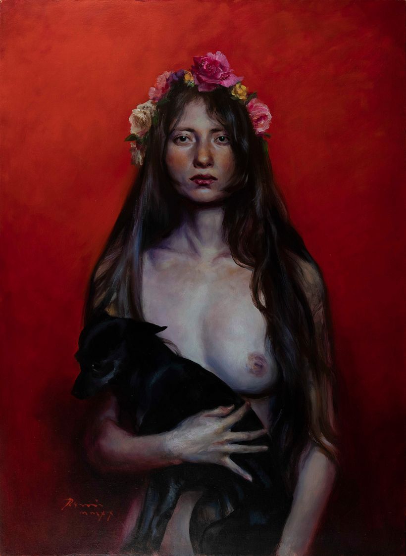 Invocation in Carmine, oil on panel.
