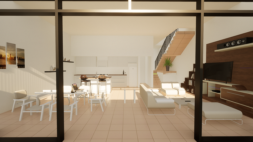 Vista espacio Sala, Comedor y Cocina