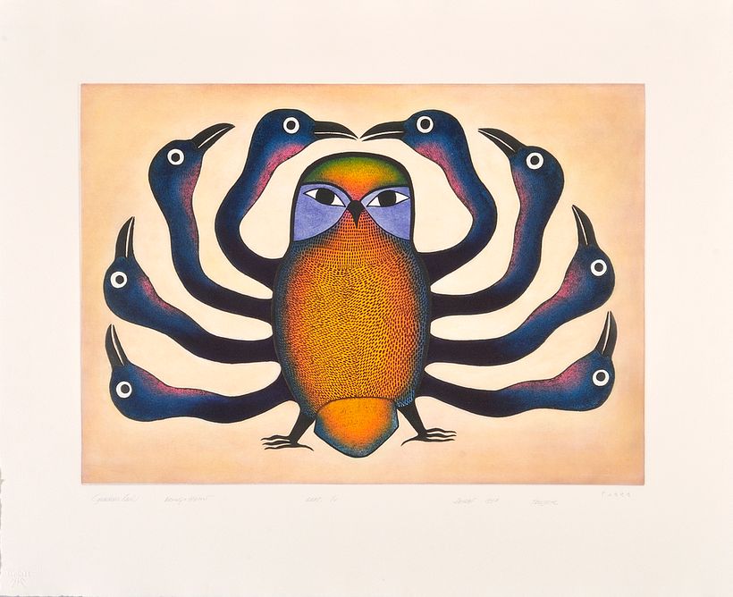 Búho guardián, Kenojuak Ashevak, 1997. Grabado al aguatinta. Cortesía de Dorset Fine Arts.