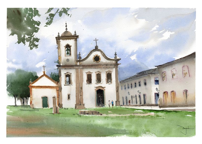 Église Santa Rita, Paraty RJ / Aquarelle réalisée sur place