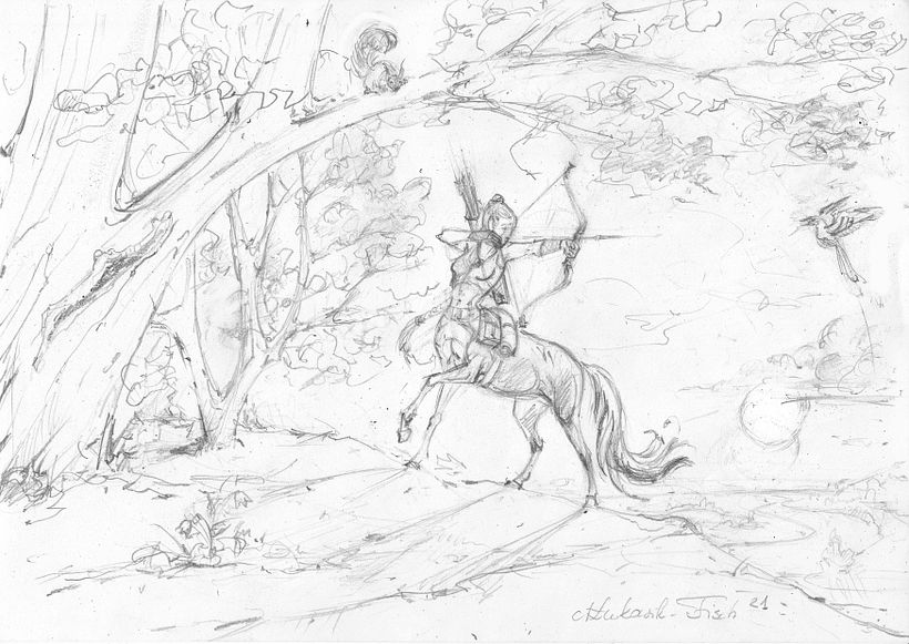 A key concept is to depict a female centaur travelling in some kind of a mission and fearing to be pursued.