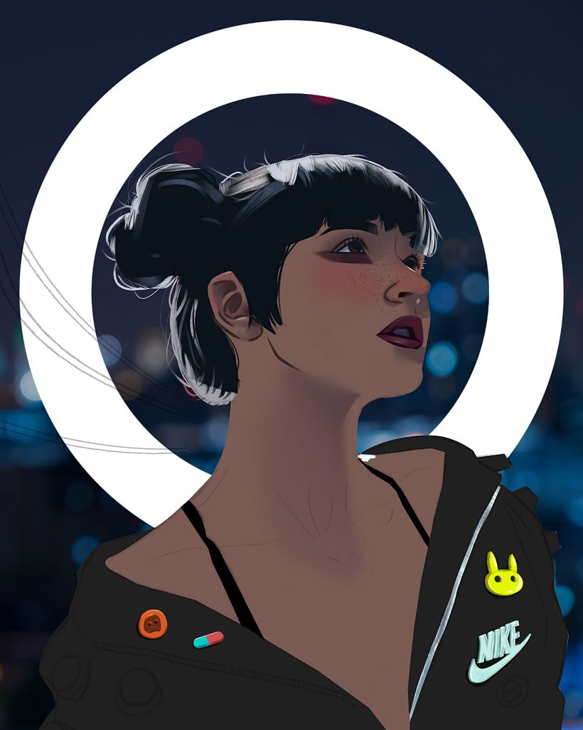 Adicionei o círculo luminoso e um fundo legal e continuei a detalhar algumas partes do desenho