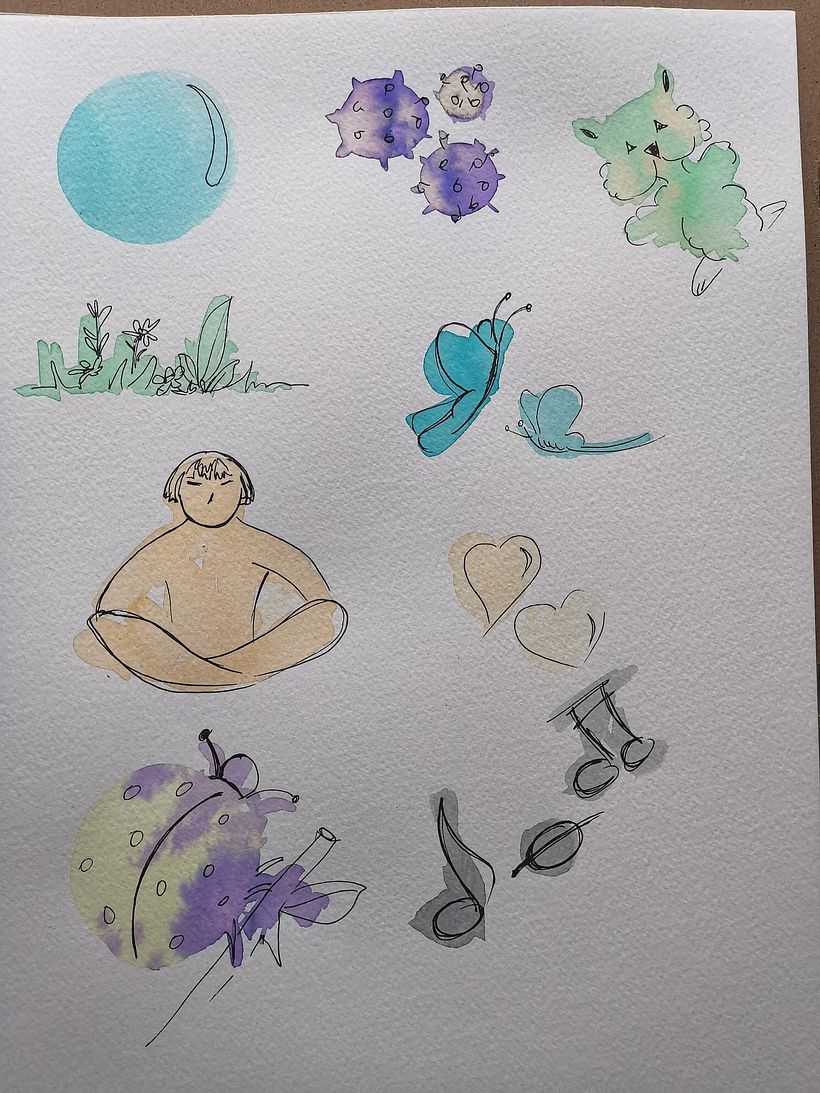 Manchas con las que he creado mi proyecto final: Mujer haciendo yoga, notas musicales, insectos, burbuja, virus.