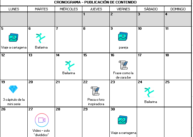Este es mi cronograma de publicación elaborado en excel. Mes Abril